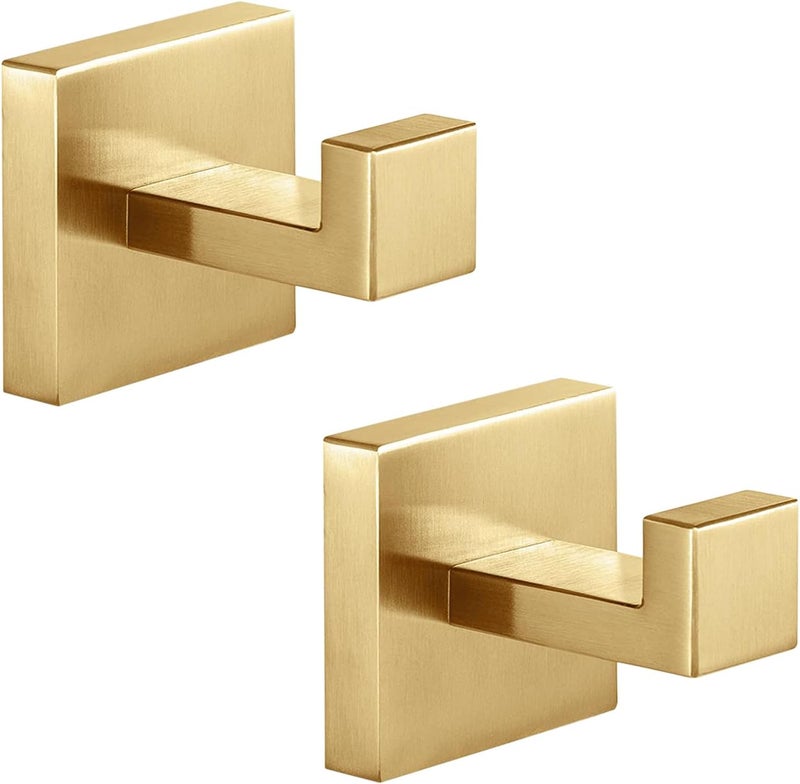 Fenas Heavy Duty Stainless Steel Towel Hooks, Wall Mounted Square Robe Hooks for Bathroom, Kitchen, Bedroom, Hotel Brushed Gold 2 Pack - Image 1